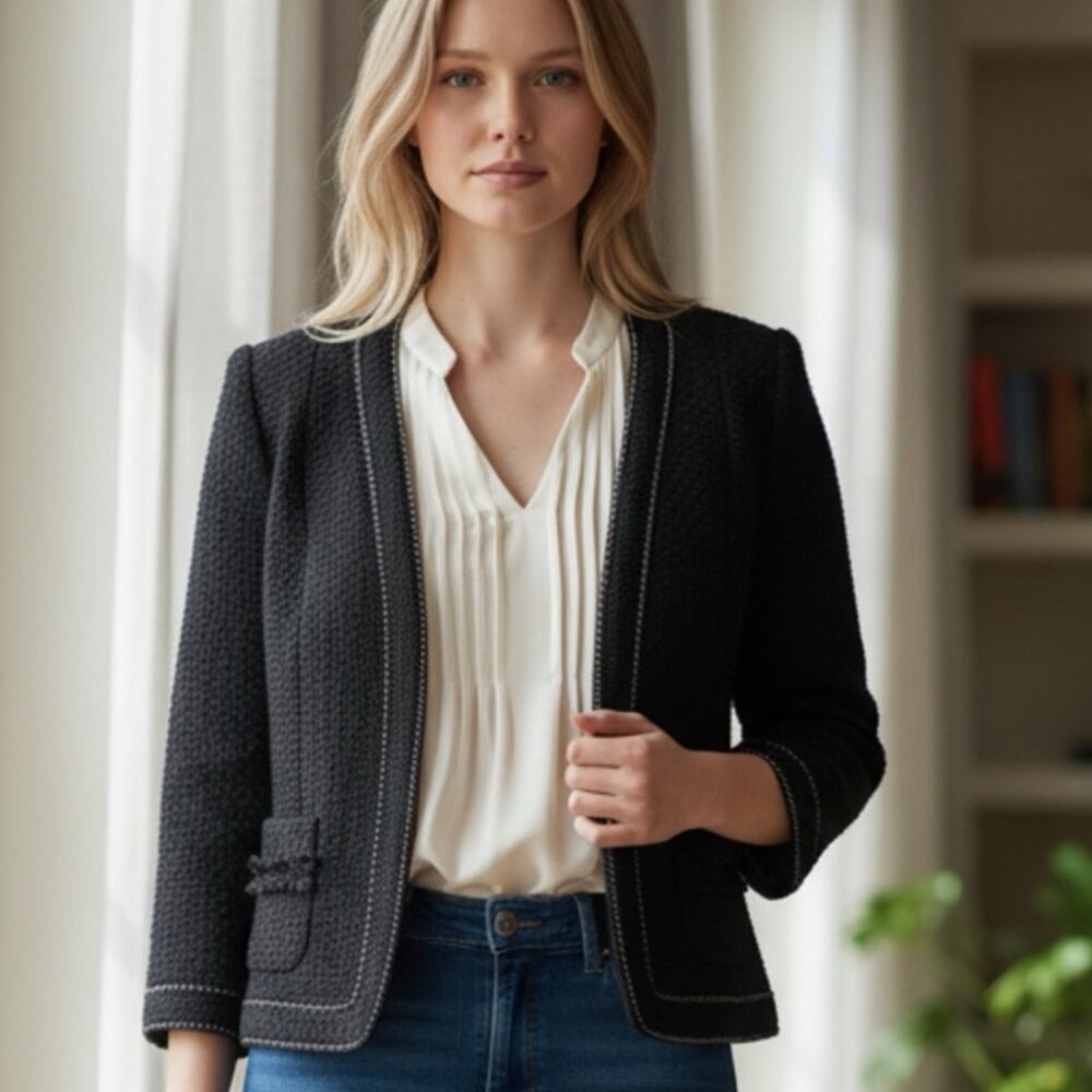 Lauren Conrad Black Textured Blazer Chain Trim Cropped Jacket Women’s Size 4